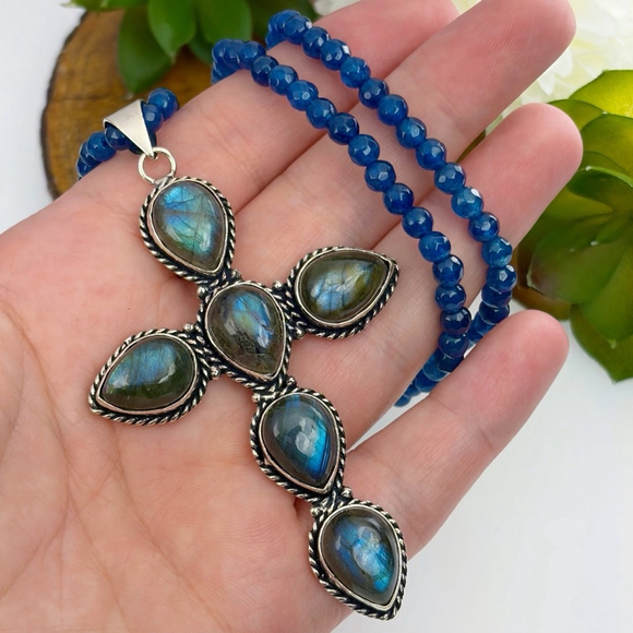 Southwest Jewelry - XXL Labradorite Cross Pendant Kyanite Necklace Southwest Sterling 925 Overlay